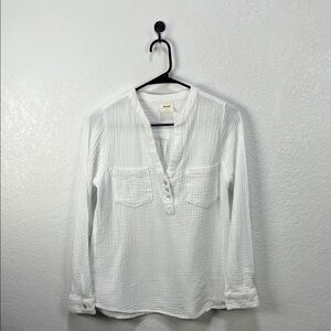Mote V-Neck Tunic Top Sz S White Henley Pockets Bohemian Gauze Cotton TC0617